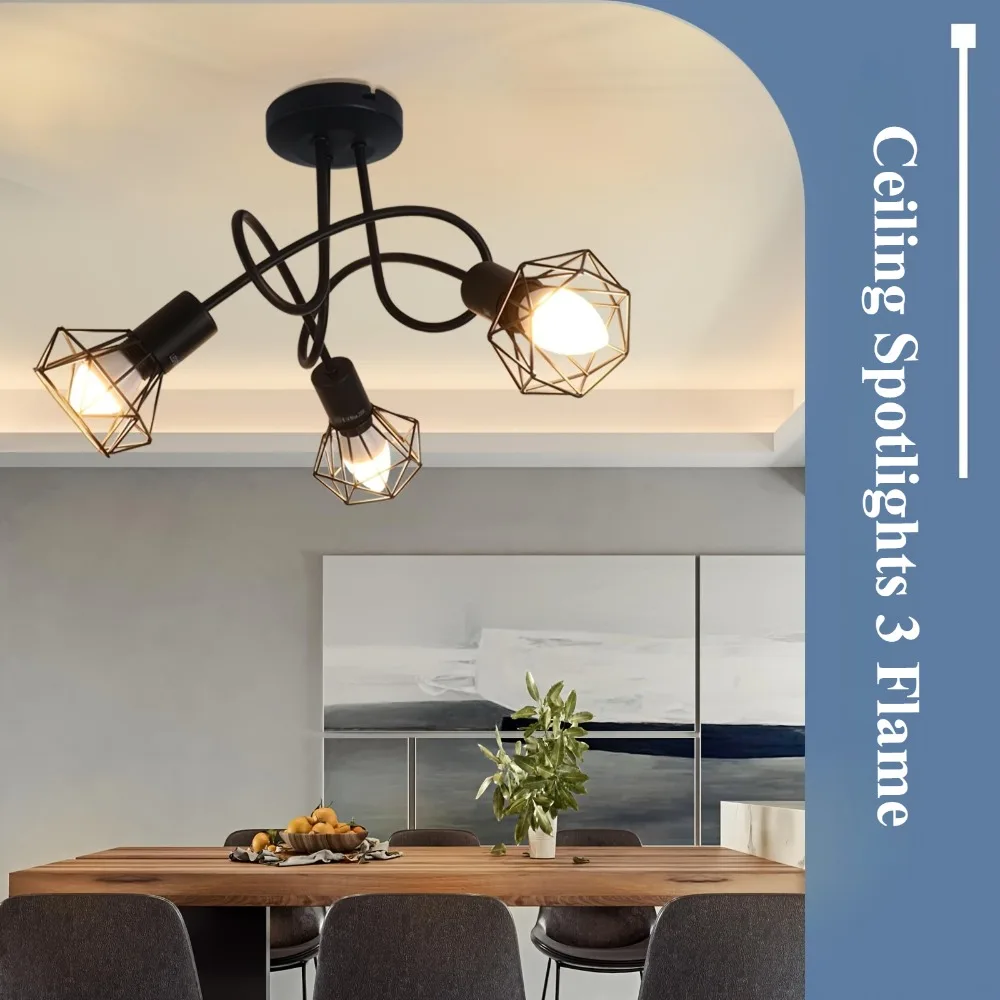 

Black Ceiling Light Fixtures E14/E27 Ceiling Lamps - Ceiling Spotlight 3 Flames Industrial Vintage Spotlight Living Room Kitchen