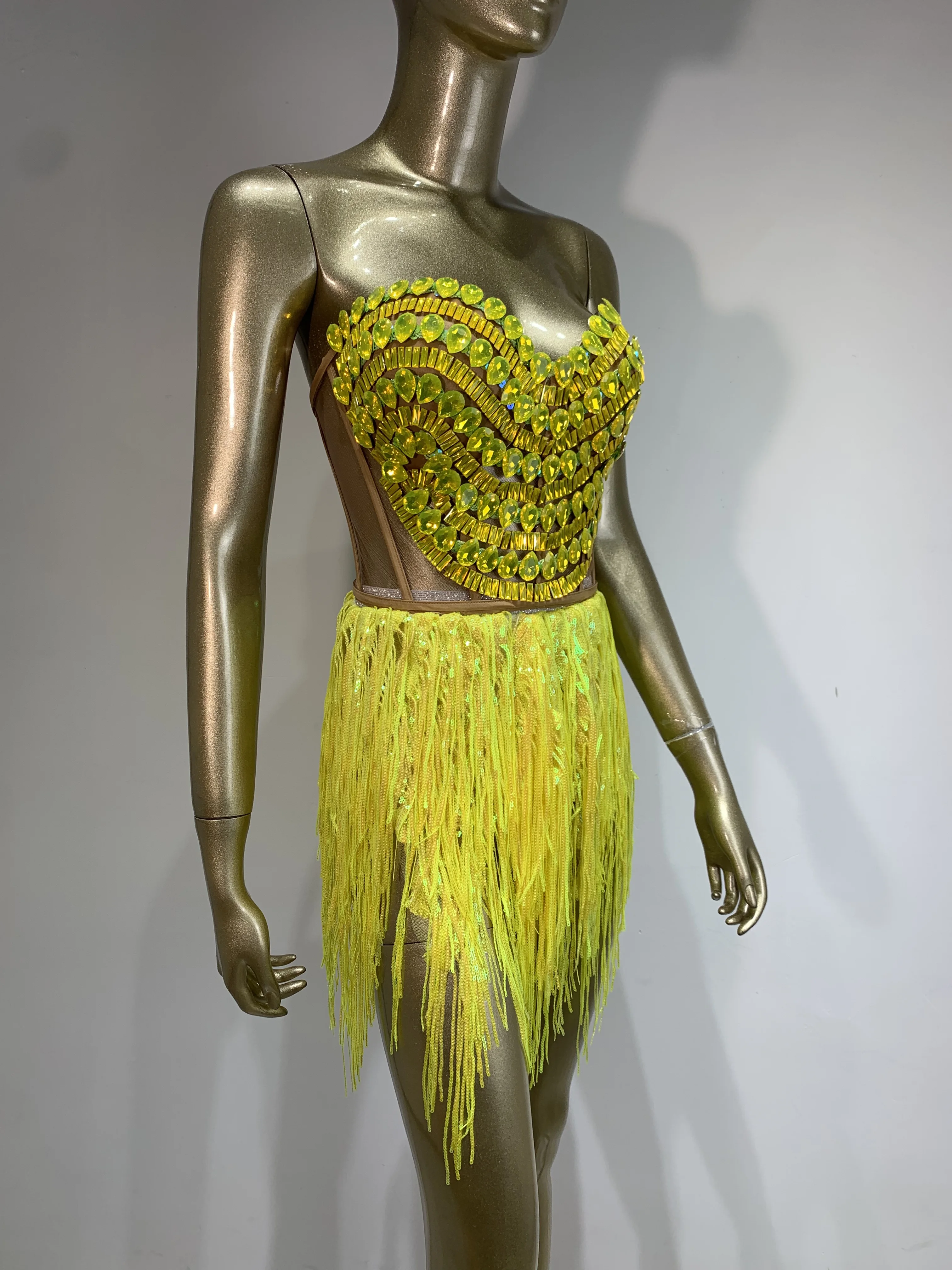 Ensemble jupe courte sexy pour femmes, glands scintillants en strass, robe de soirée, costume de scène de chanteuse de discothèque