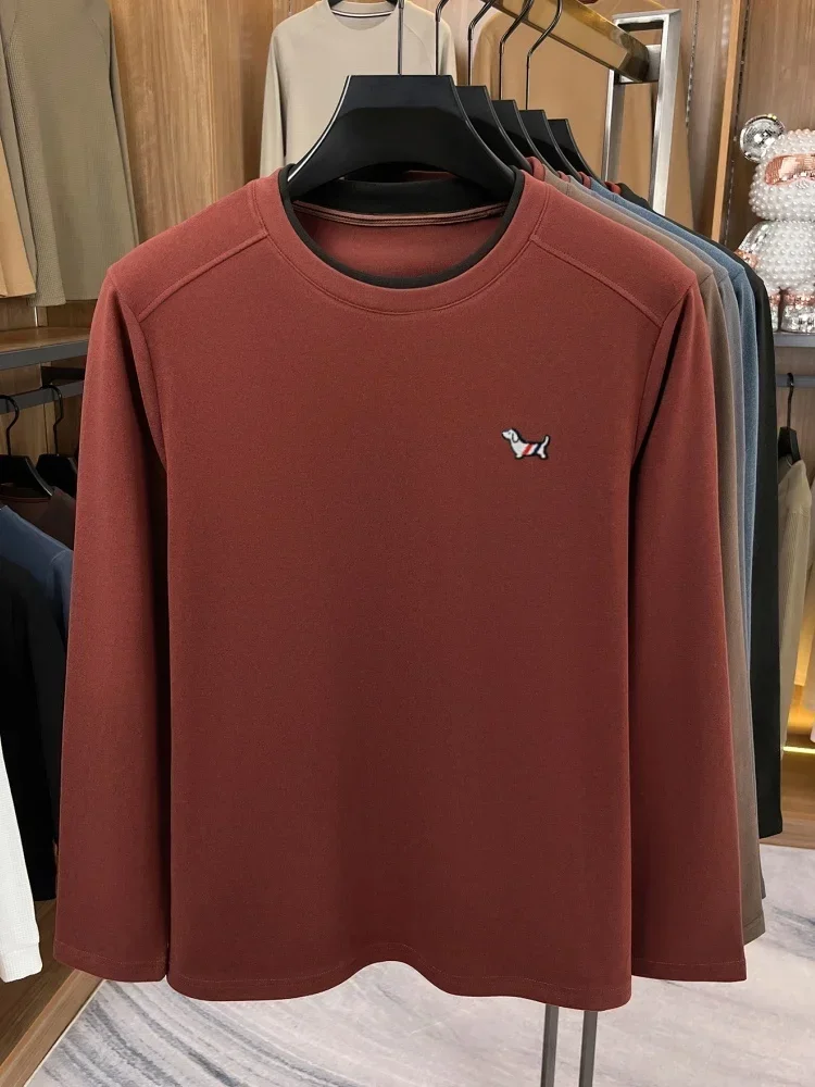 High quality velvet warm long sleeve T-shirt men's autumn new double-layer collar design fashion cute dog embroidery pullover