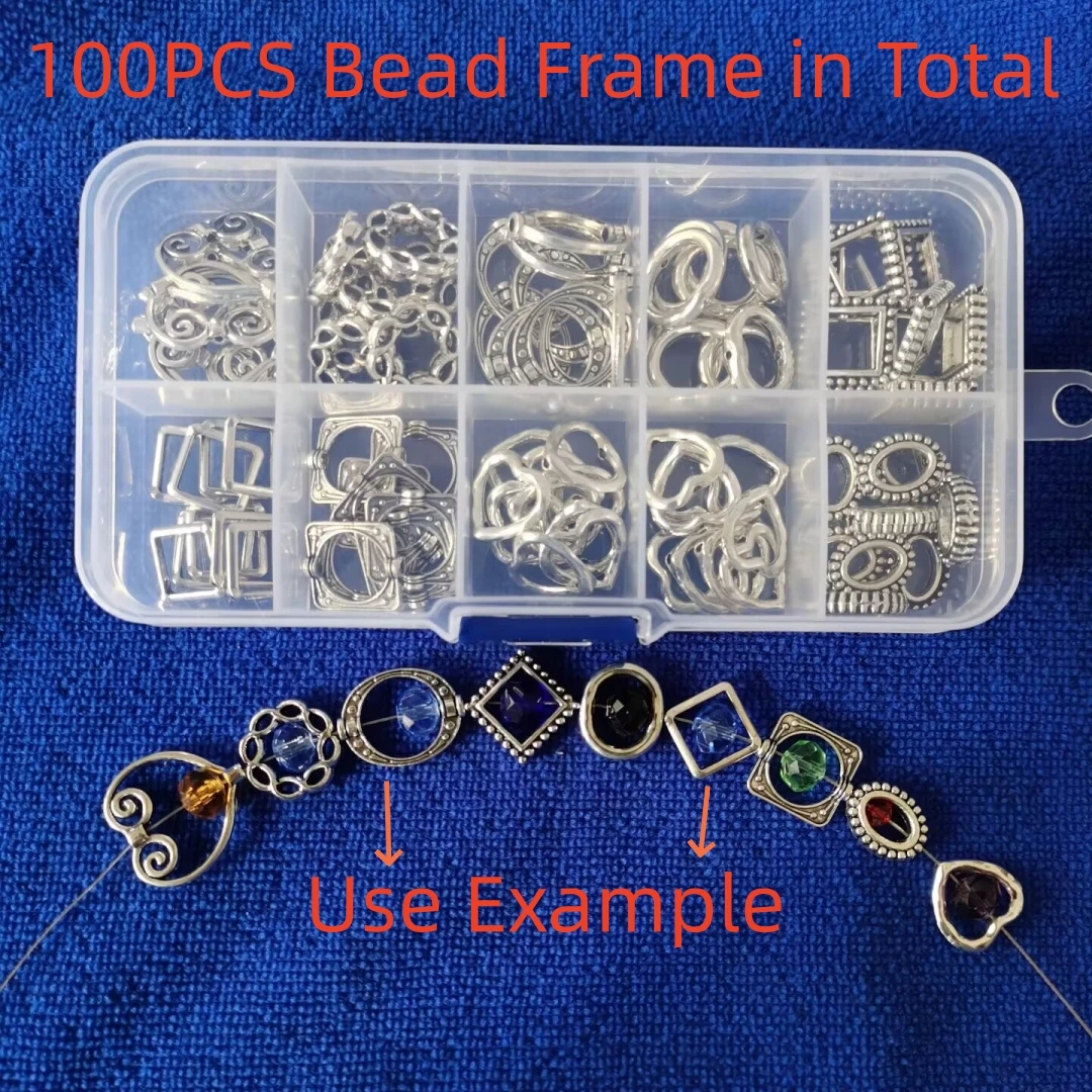 100PCS Antiqued Silver Metal Bead Frames for Jewelry Making in Storage Box