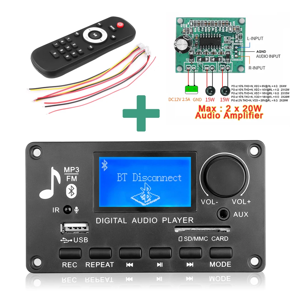12V DC mp3プレーヤー,Bluetooth v5.0,USBモジュール,mp3,スピーカー録音用のフェイク録音