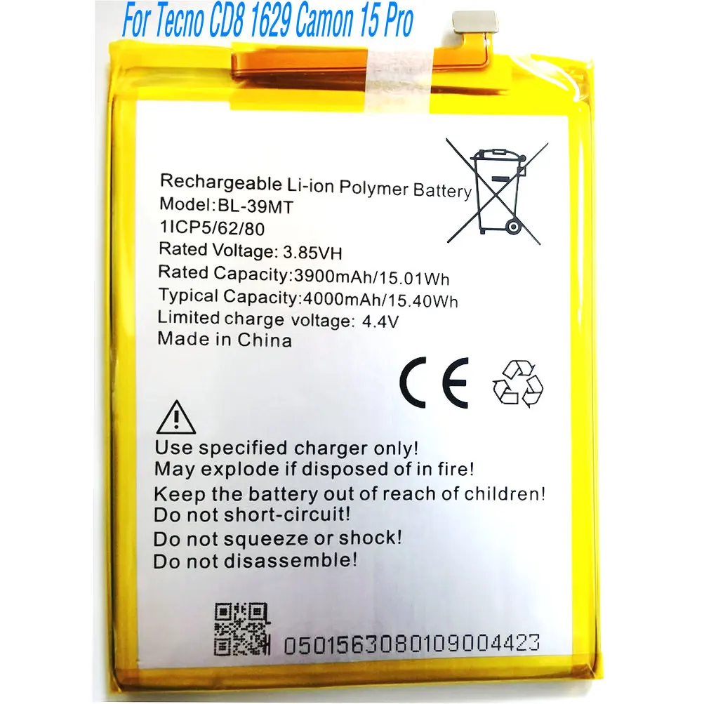 3.85V 15.40Wh BL-39MT Replacing Lithium-ion Polymer Battery For Tecno CD8 1629 Camon 15 Pro Mobile Phone