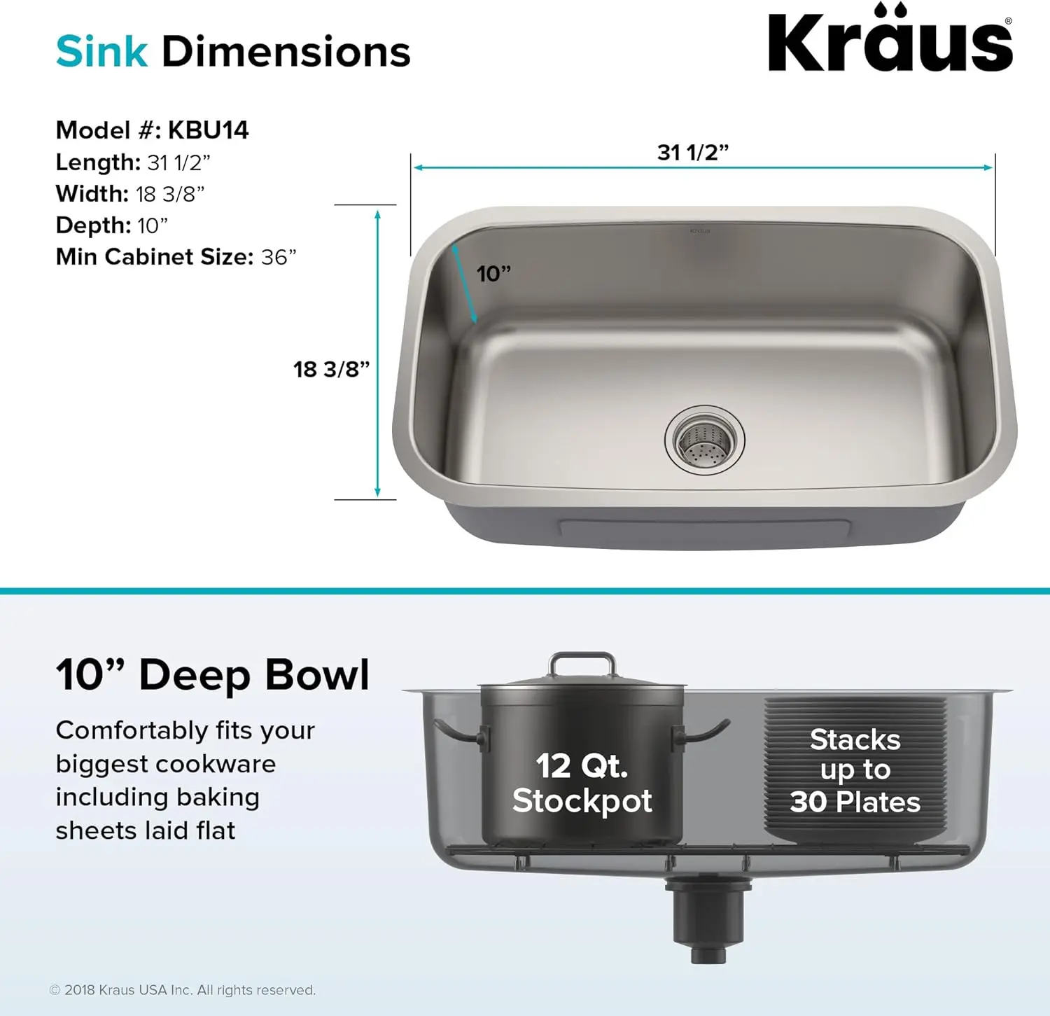 KRAUS-Évier de cuisine détendu en acier inoxydable, bol simple encastré, calibre 16, KBU14, 31 po, 1/2 po