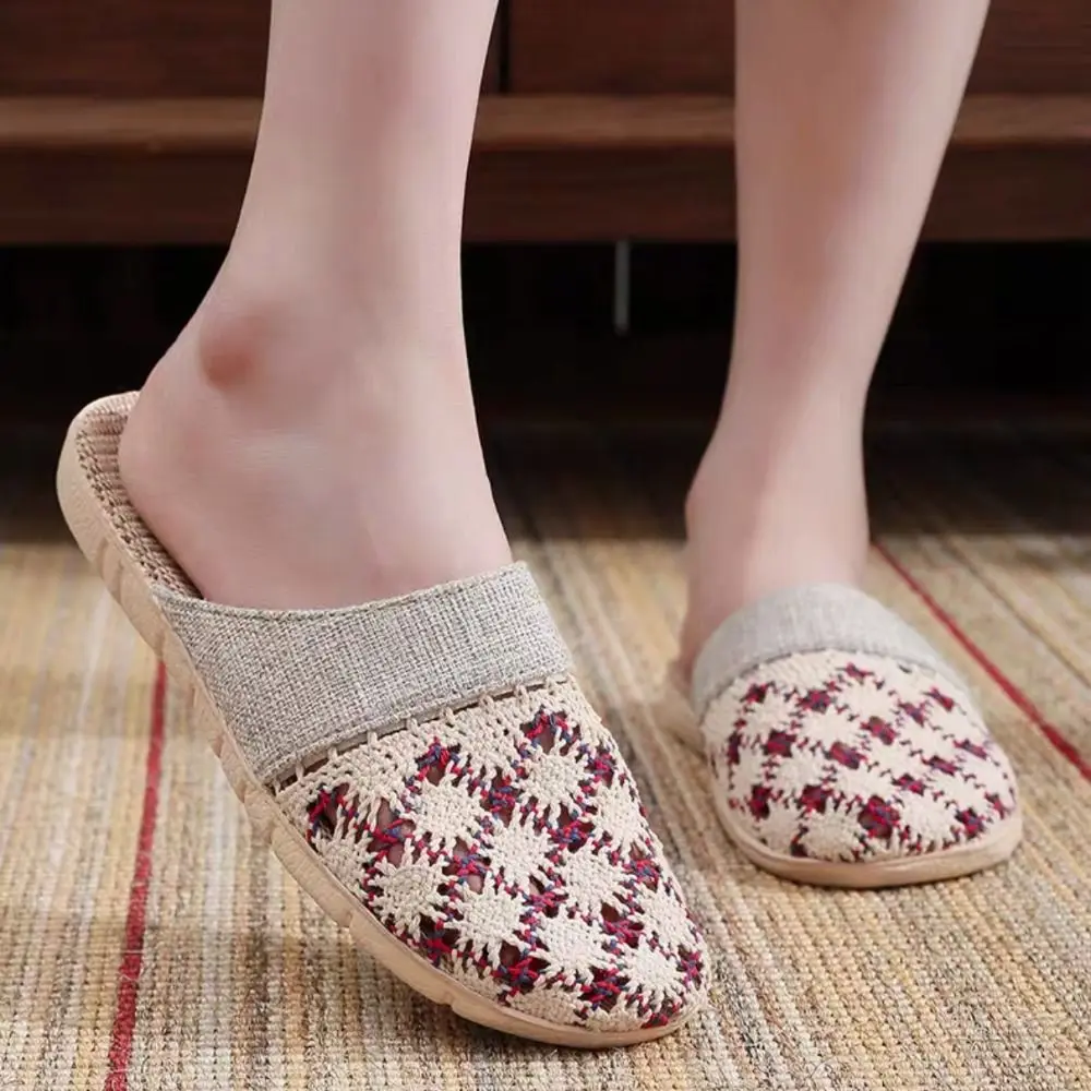 

Hollow Out Flax Slippers Women Non-Slip Flowers Closed Toe Linen Slippers Shoes Sweat Absorption Summer Slides Sandals Women