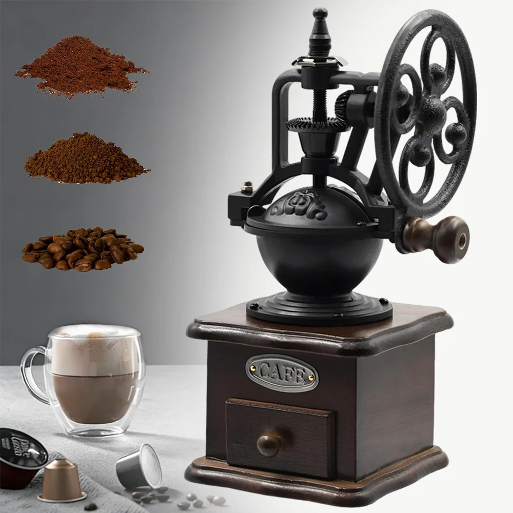 Drewniany ręczny młynek do kawy z ceramicznymi żarnami, vintage młynek manualny, kompaktowy i przenośny do kuchni i na kemping, regulowana grubość mielenia od ziaren do proszku.