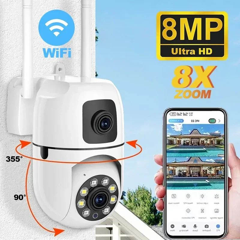 8MP Doppia Lente Doppio Schermo WIFI Telecamera di Sorveglianza Telecamere IP Wireless Esterna Auto Tracking Visione Notturna 8X Zoom Digitale CCTV