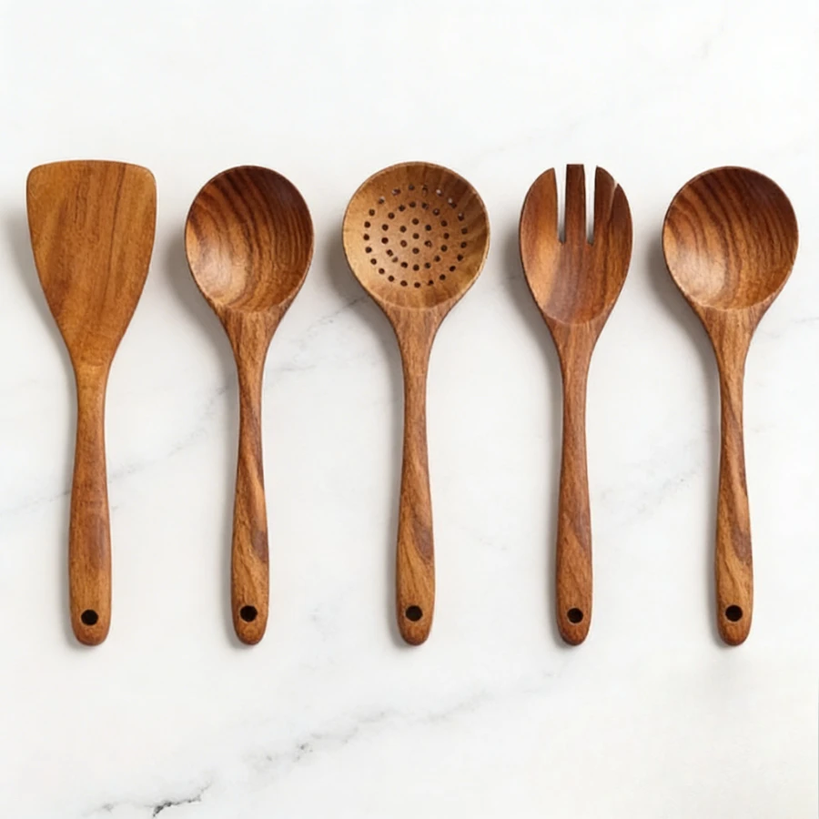

5PCS Wooden Kitchen Utensil Set - Durable Easy-Clean Cooking Tools with Spatula Turner Ladle Spoon for Non-Stick Cookware