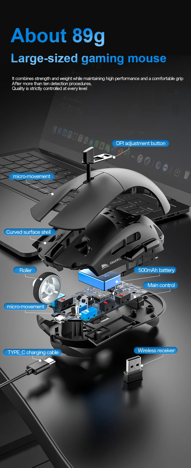 SMAILWOLF RS7 Bluetooth Kabellose Maus Drei-Modus-Gaming-Maus für Notebook Desktop-Computer Gaming PAW3311 Geeignet für Große Hände – Detail 4