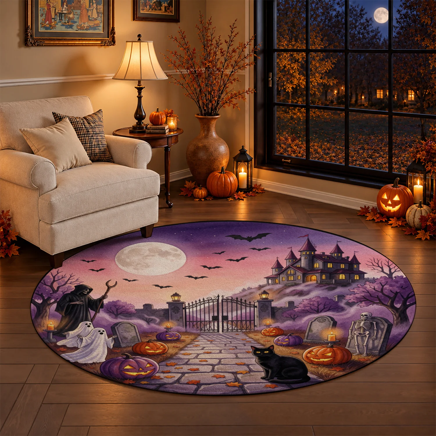 Halloween Haunted Castle Ghost Pumpkin Bat Moon Round Velvet Rug, Machine Washable Stable Floor Mat for Living Room Bedroom Entryway, Ideal for Halloween Thanksgiving Black Friday Christmas New Year Holiday Decor
