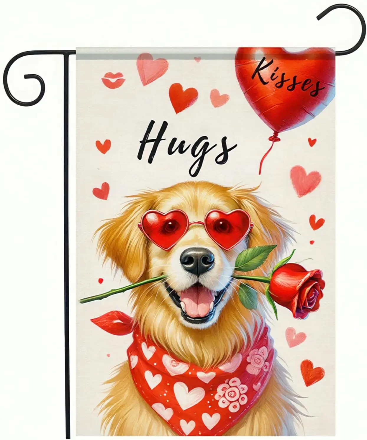 Banderas de jardín para el día de San Valentín, 12x18 pulgadas, bandera de jardín de doble cara con diseño de Golden Retriever, cachorro lindo, rosa roja, corazón, para patio, césped, exterior EEZ