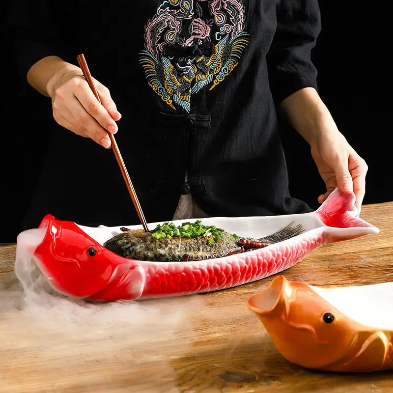 Red Carp Shaped Plate,Hotels Characteristic Fish Plate,Symbolizing Abundance Every Year,Dry Ice Smoking Atmosphere Tableware