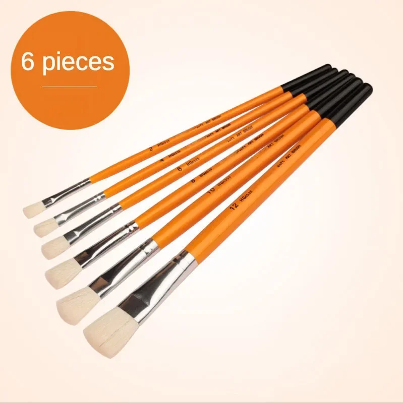 6 pcs Set Wool hair pen Watercolor Gouache Acrylic paint Brush Adult Ceramic Painted Art Supplies Orange short wood rod