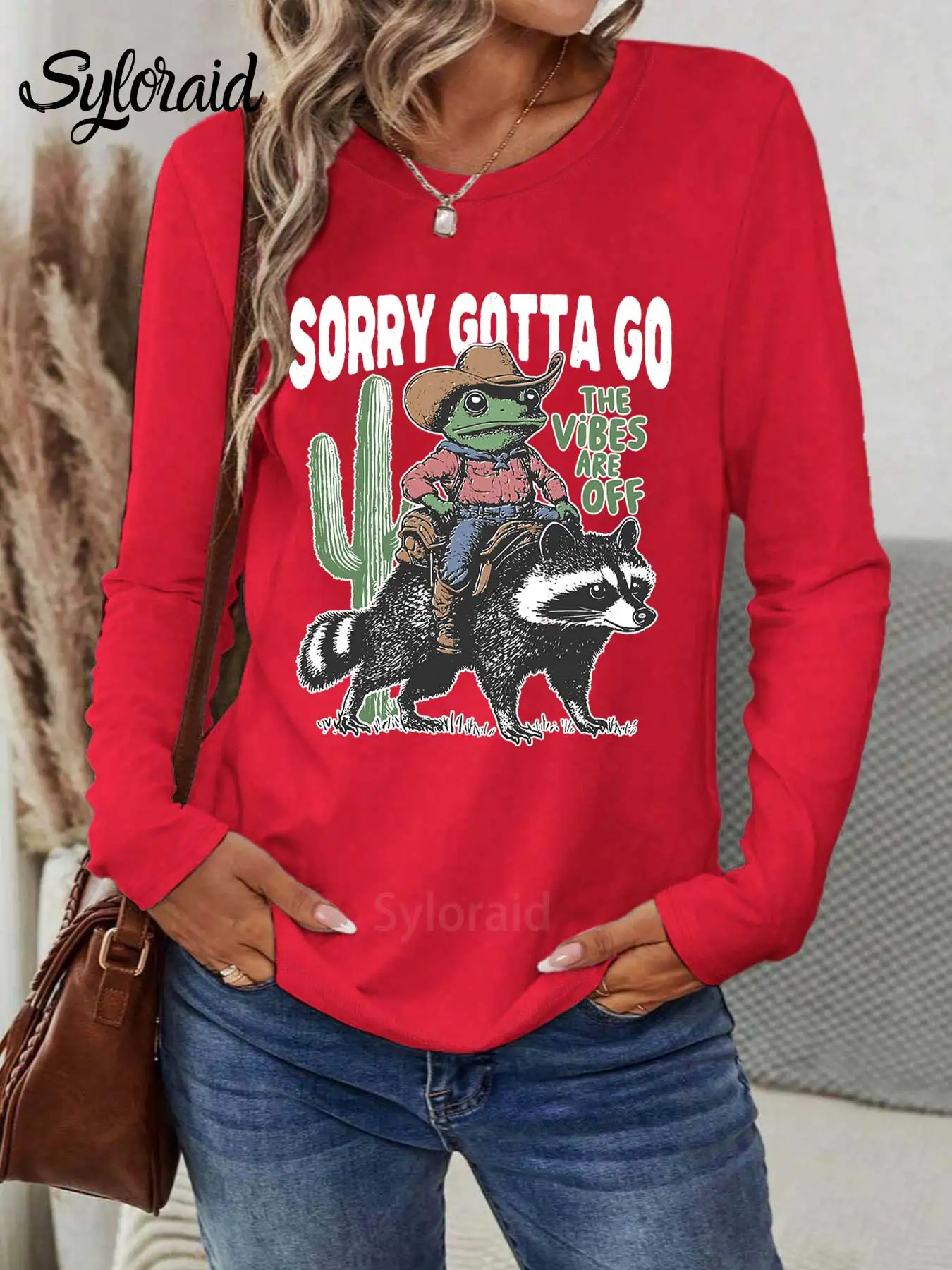 تي شيرت نسائي بأكمام طويلة، تي شيرت برسومات الضفدع الراكون المضحكة، قميص كاجوال برقبة دائرية لجميع المواسم #3