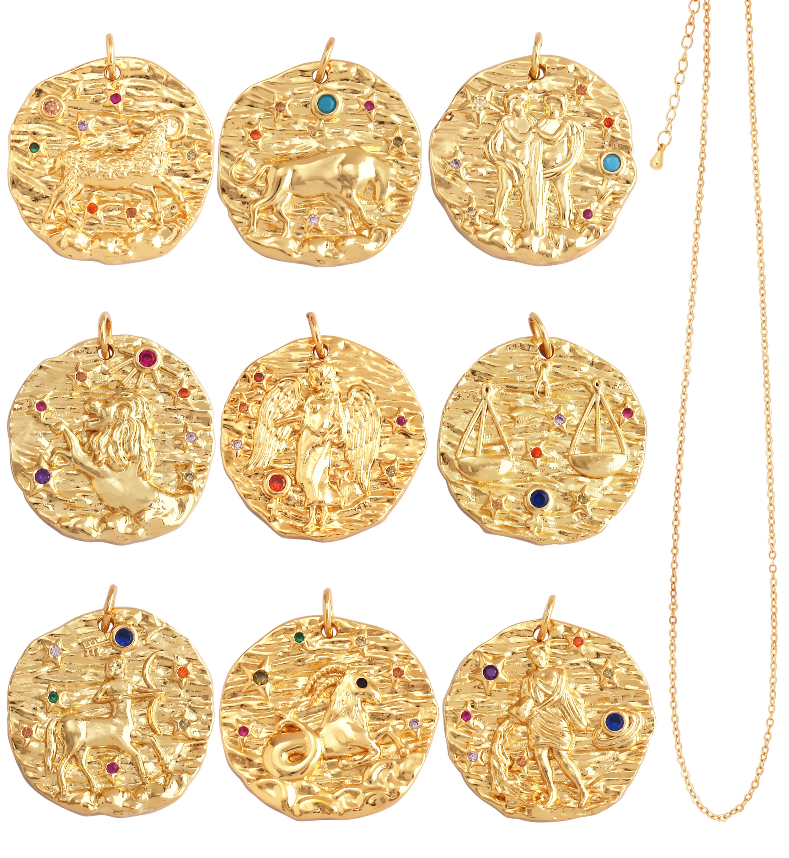 Trendy Zodiac Horoscope Sign Medallion Charm Pendant,Round Coin Gold Plated Sparkle Necklace Bracelet Jewelry Making Supply L92