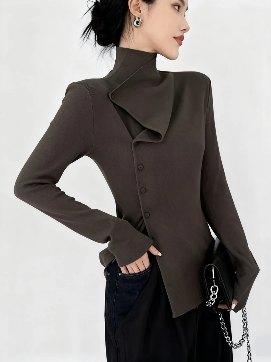 Elegant High Collar Knitted Base Shirt Women's Autumn Winter Inner Wear Asymmetrical Open Cardigan Top French Style Polyester...