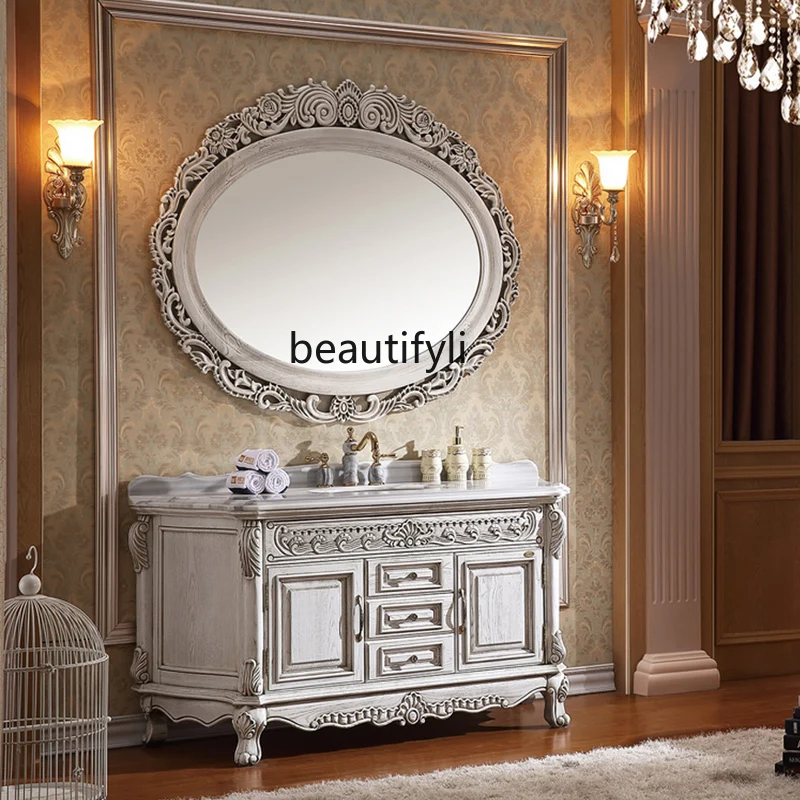 

European bathroom cabinet red oak washstand solid wood antique hand washbasin cabinet combination