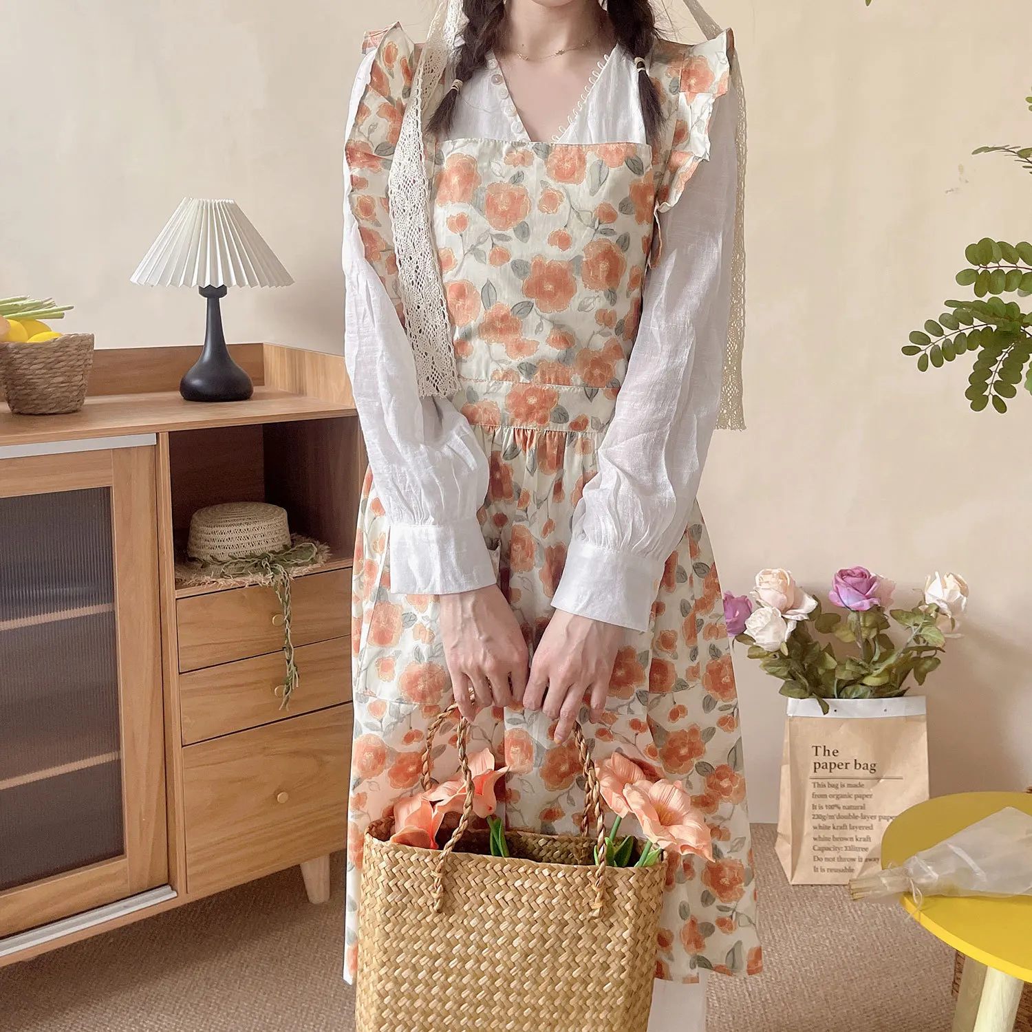 Cotton apron cute princess style wearing small floral apron outside fashionable thin style ins high beauty home use P2