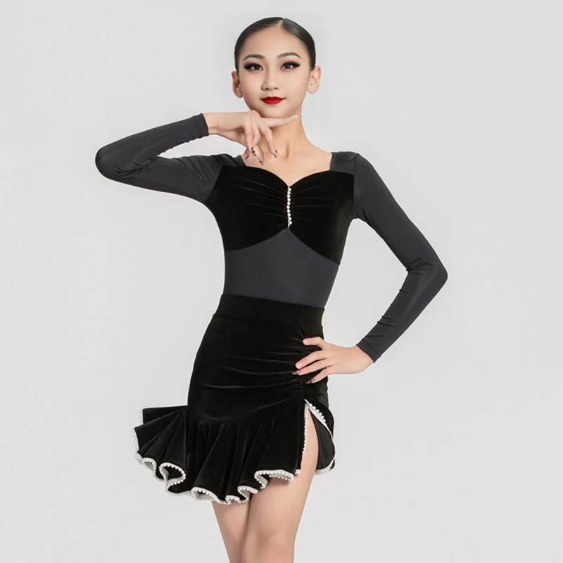 Latin Dance Kleid Mädchen Wettbewerb Kostüm Langarm Body Rüschen Tanz Rock Rosa Rumba Samba Bühne Kleidung Dancewear 1732