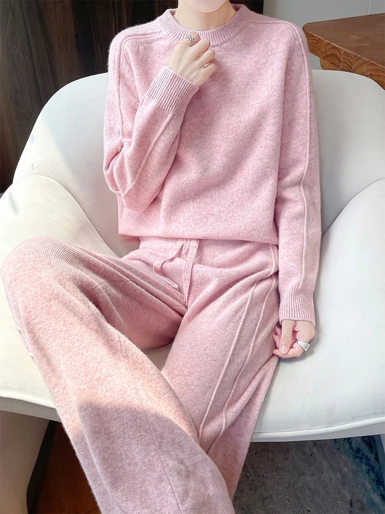 Women's 2-Piece Pure Wool Set O-Neck Long Sleeve Knitted Sweater High Waist Wide Leg Pants Casual Elasticity Sweatpants Ensemble