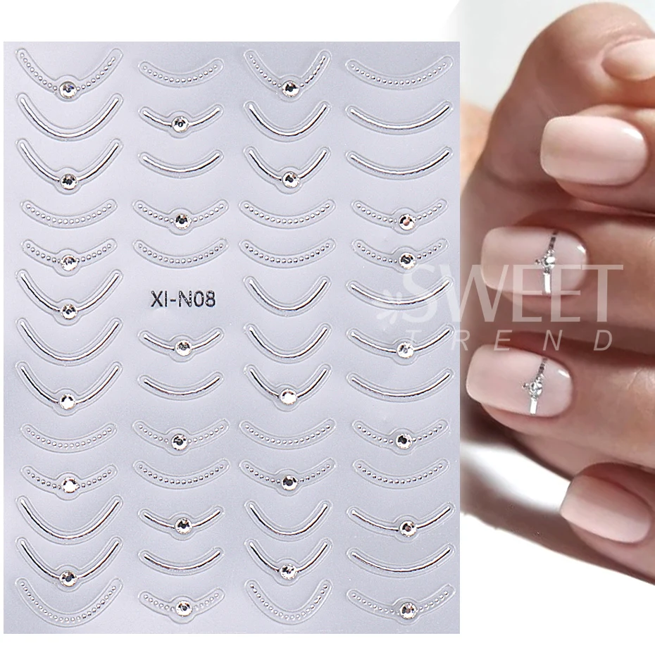 Metallic French Stripe Line Nail Sticker 3D Crystal Rhinestone Gold Silver Smile Line Simple Adhesive Slider DIY Nail Decoration