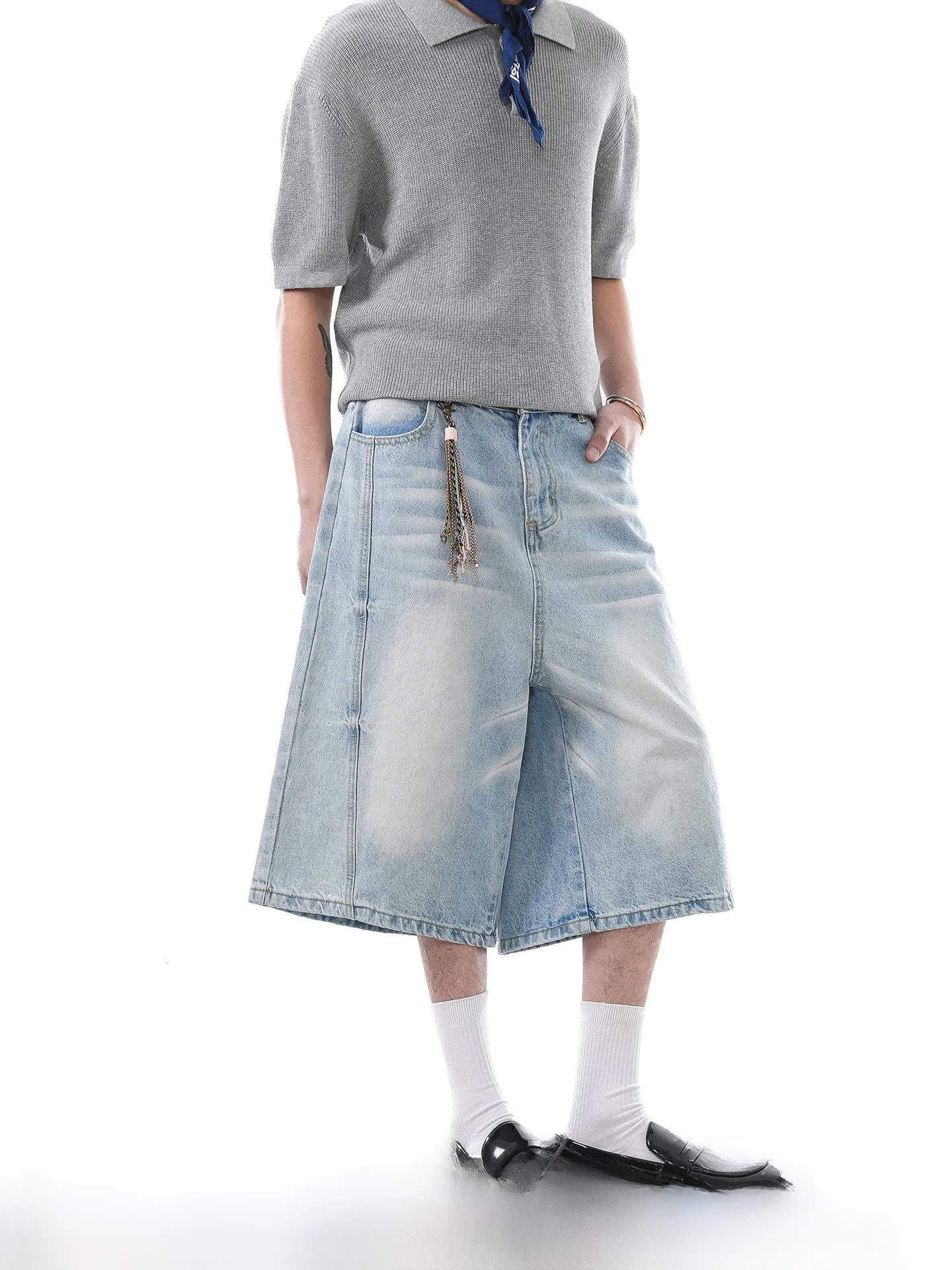 

Retro American Washed Seven-Foot Jeans Shorts Loose Straight Summer Men's Fashion Cotton Polyester Blend