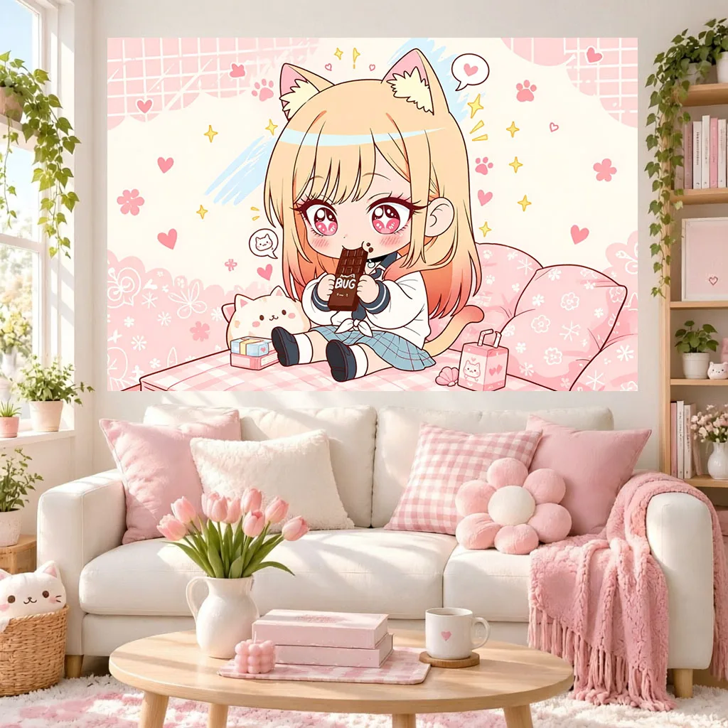 Kawaii Cat Girl Anime Tapestry Sweet Pink Heart Paw Print Background Wall Hanging Tapestry Dorm Bedroom Background Cloth Home