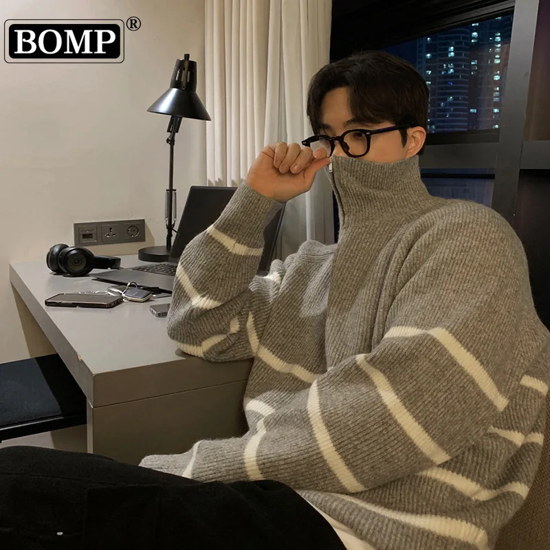 [BOMP] Autumn Winter Pullover Niche Lazy Striped Sweater Korean Version Contrasting Color Lapel Half Zipper Knit