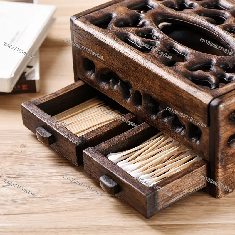 Solid Wood Multifunction Tissue Box Retro Living Room Coffee Table Desktop Tray Household Hollow Napkin Storage view 3