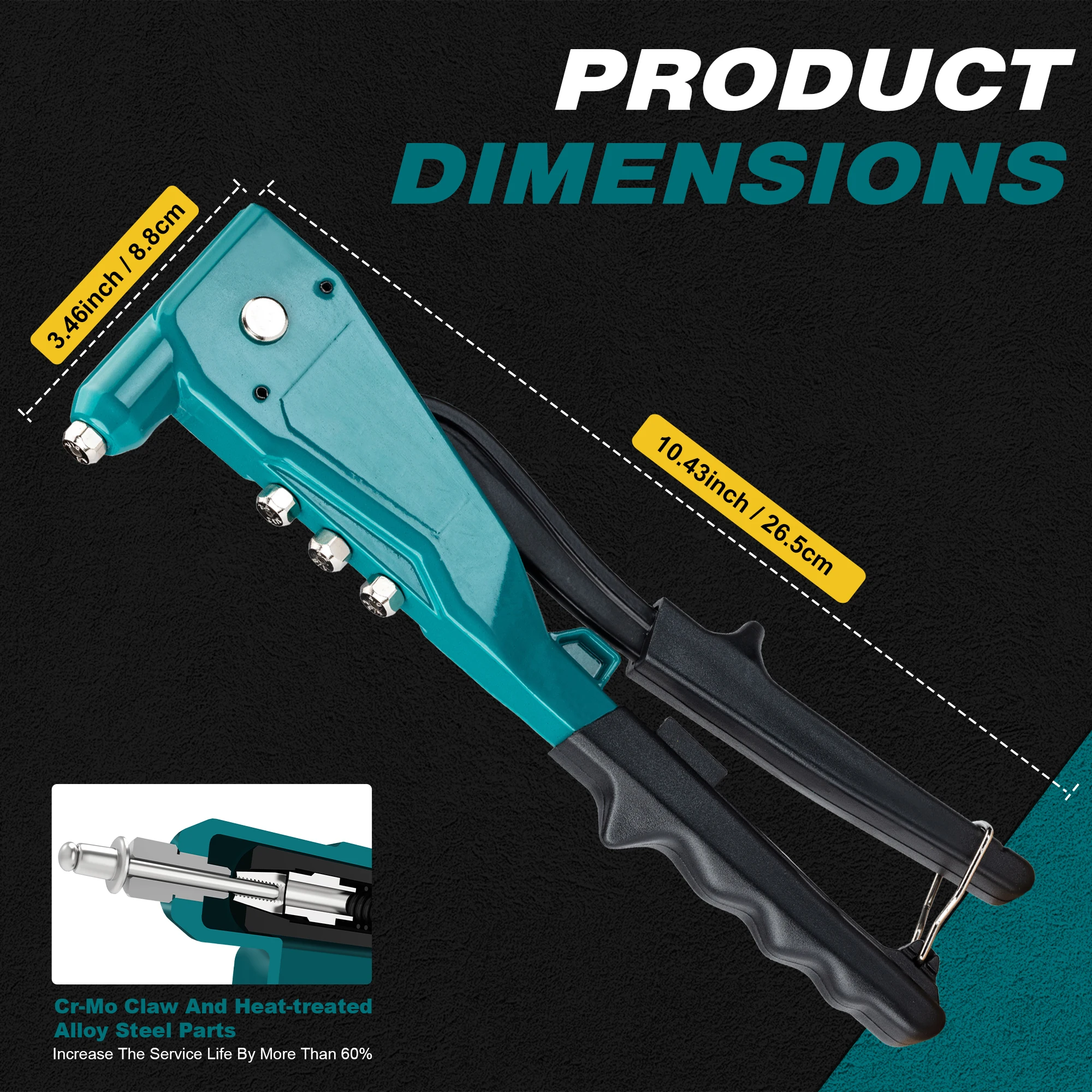 Heavy Duty Rivet Gun, Pop Rivet Gun Set, Professional Hand Riveter Manual Riveting Tool with 110 Rivets, 4 Interchangeable Heads, for Metal, Wood and Plastic, DIY Repairs 7