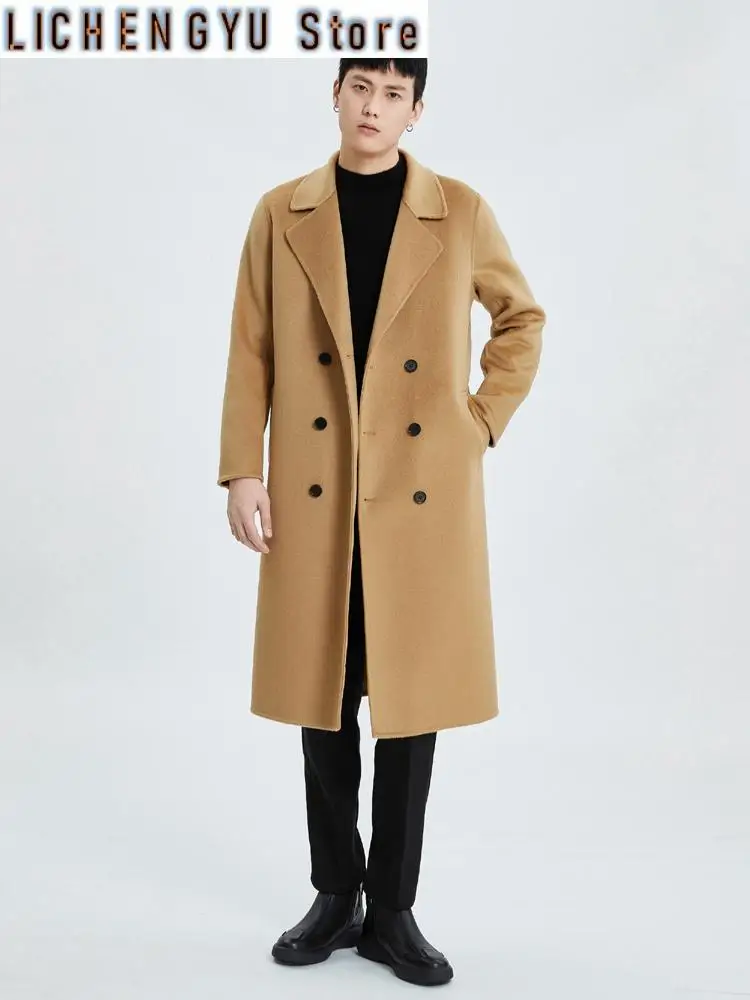 High-End Men's Coat 100% Pure Wool Winter Thickened Outerwear Coat Double-Breasted Trendy Coat Fashionable All-Match Trench Coat