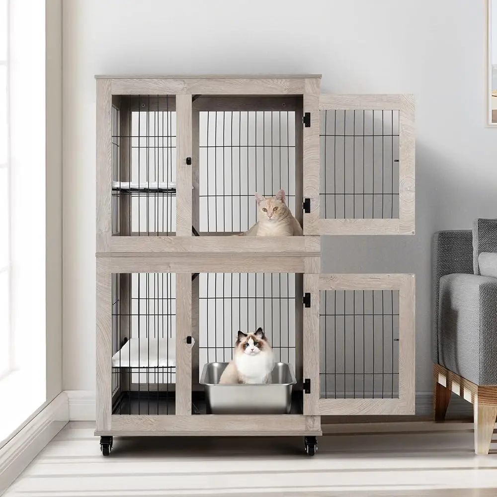 2-Tier Cat Cage, Indoor House with Removable Tray, Enclosures Indoor Kennel with Lockable Casters, 3 Platforms