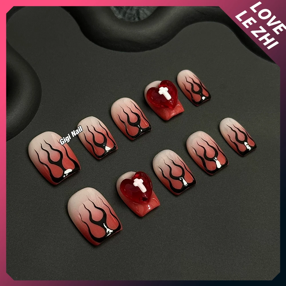 الحلو كول الشرير اليدوية نعش طويل انفصال اضغط على الأظافر مرآة سحرية مسحوق فراشة سلسلة لهب الفرنسية غطاء كامل الأظافر #2