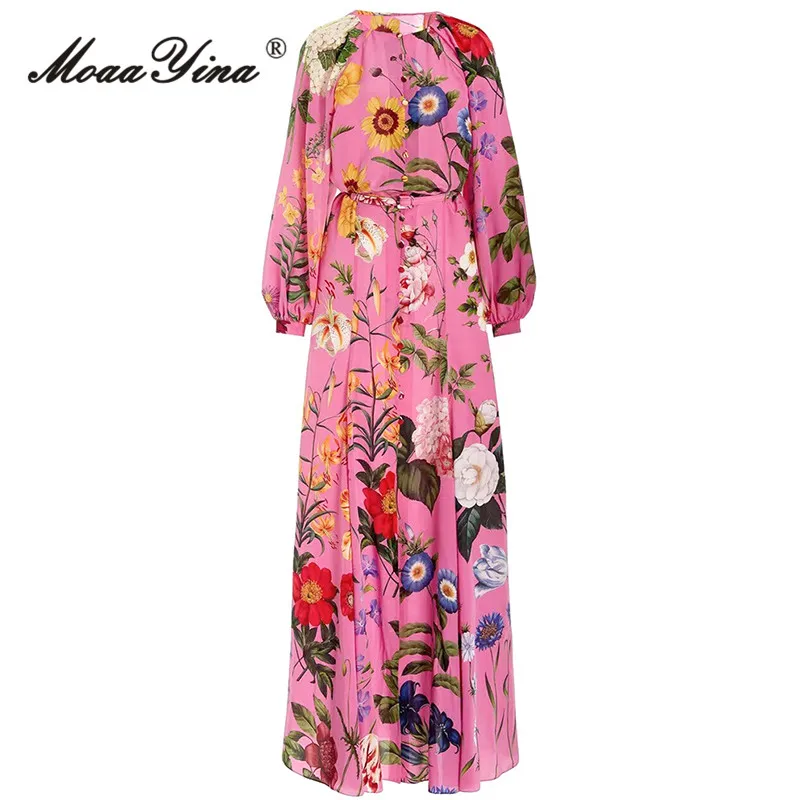 MoaaYina Autumn Fashion Designer Vintage Floral Print Dress Women O Neck Single Breasted Sashes Gathered Waist Casual Long Dress