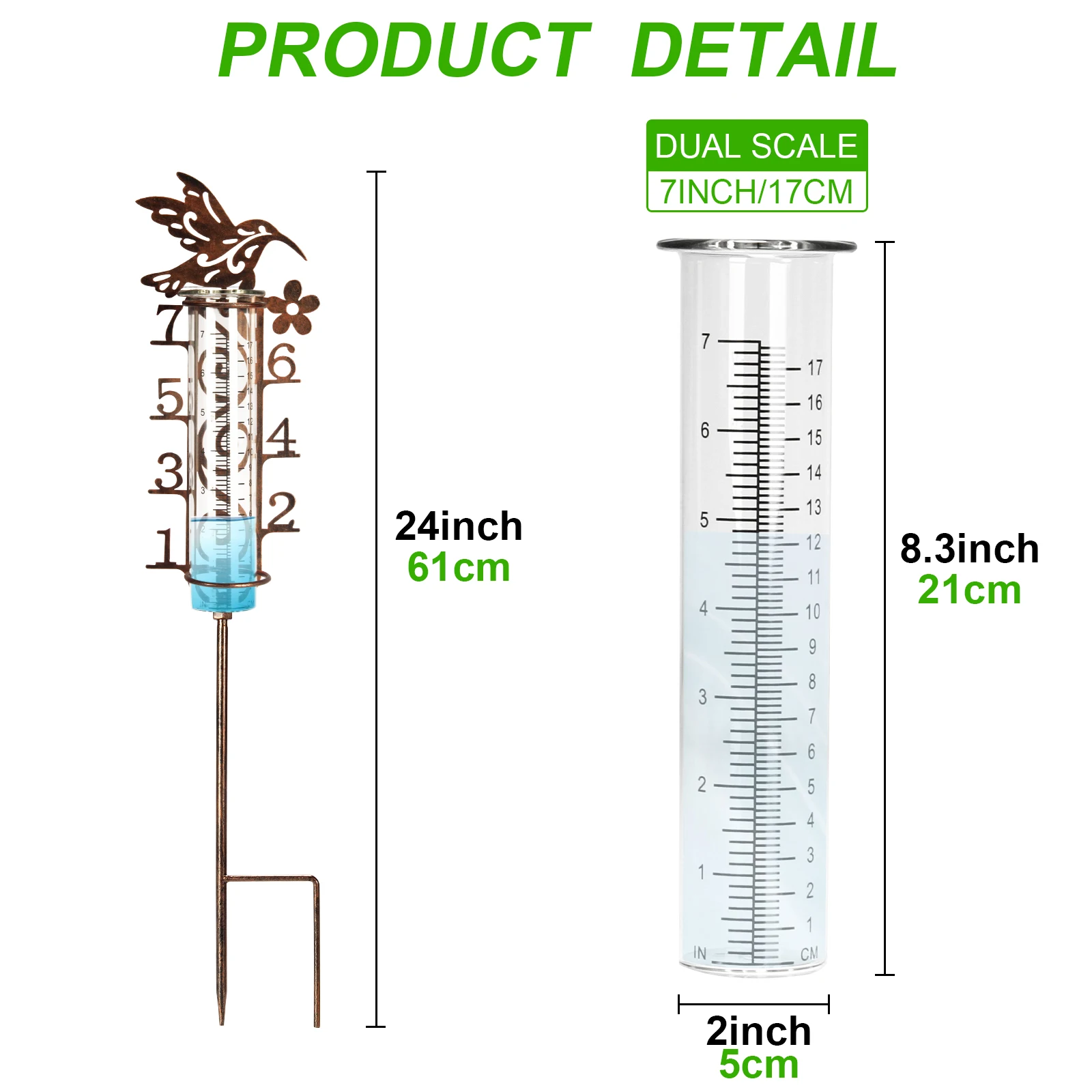 Hummingbird Outdoor Rain Gauge Rainfall Measuring Tool With Metal Garden Stake Precise Scale Gauge For Gardener Weather Watcher