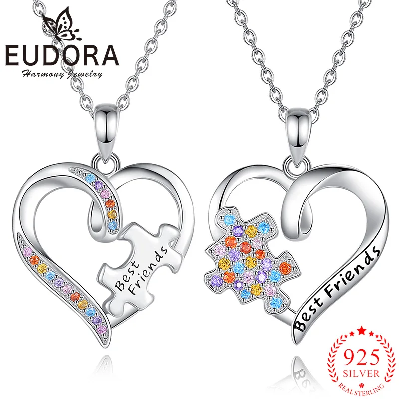 

Eudora 925 Sterling Silver Best Friend Heart-shaped Sister Necklace inlaid Zircon Puzzle Pendant 2 Pcs/ Set Friendship Jewelry