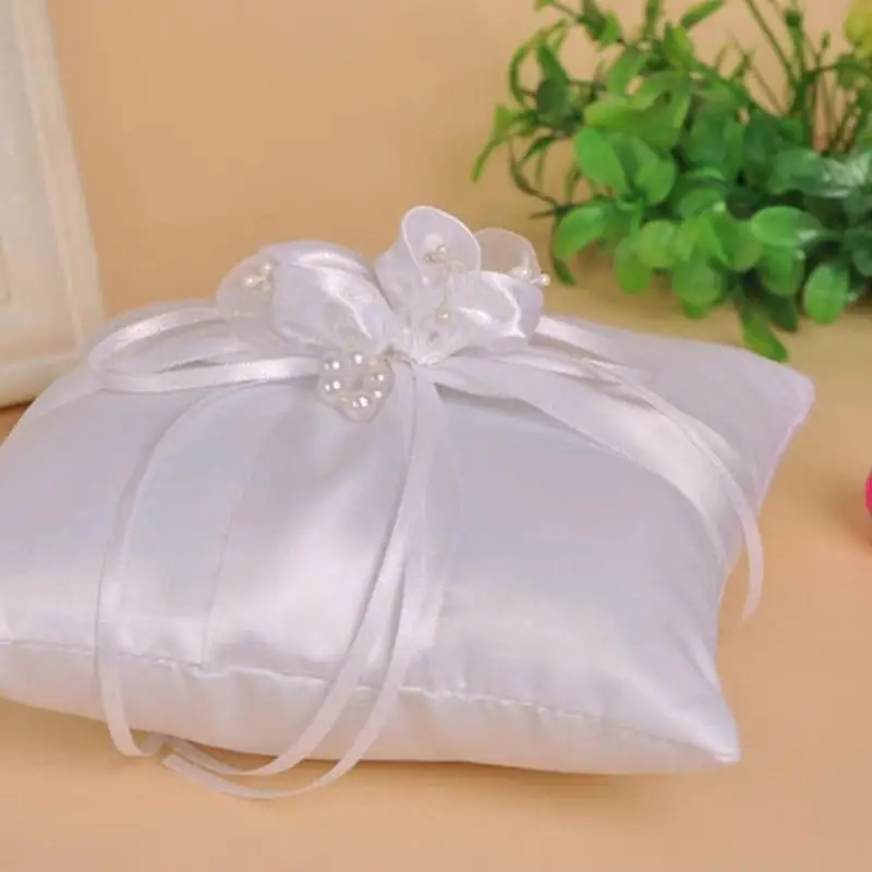 P9FE Wedding Pearls Rings Pillow for Wedding Parties and Celebrations Exquisite Wedding Rings Bearer Pillow Cushion Bows