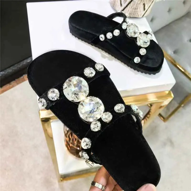 

Rhinestone Platform Beach Sandals Soft Sole Slippers Shallow Open Toe Flats Black Women Shoes Zapatos Mujer Chaussure Femme