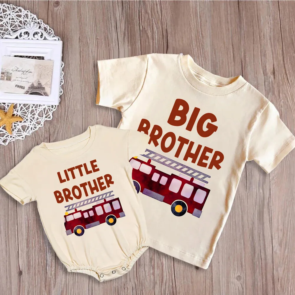 Big Brother/Little Brother&Fire Engine Print Kid Retro Family Outfits Casual Short Sleeve Family Brother Set Summer Clothes