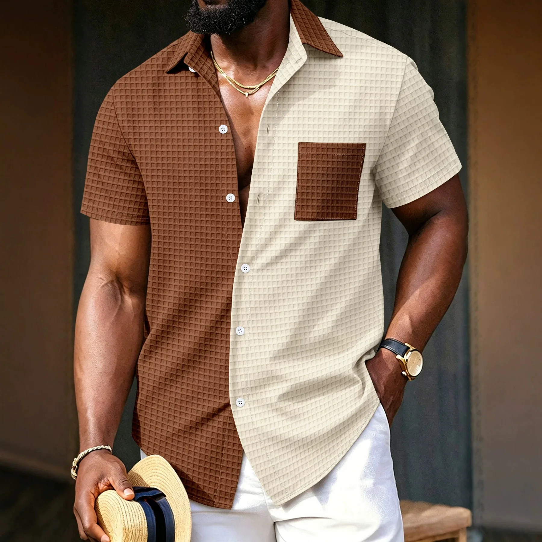 

Summer New Men Plaid Splicing Color Block Pocket Short Sleeve Lapel Button Up Cardigan Casual Loose Fashion Shirt Tops