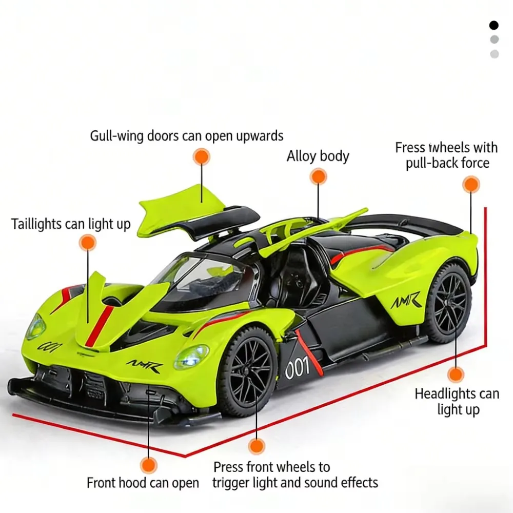 1:32 Aston Martin Valkyrie legering speelgoedauto, geluid en licht, terugtrekbare, goudvleugeldeuren