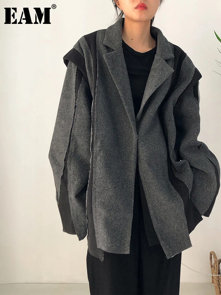 [EAM] Loose Fit Gray Color-block Big Size Woolen Coat Parkas New Long Sleeve Women Fashion Tide Autumn Winter 2024 1DF0391