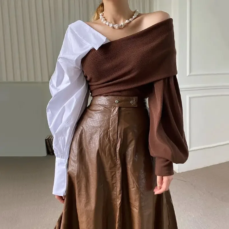 

Korean Chic Niche V-neck Off Shoulder Contrasting Patchwork Bubble Sleeve Top for Women's 2024 Autumn/winter Fashion Shirt Trend