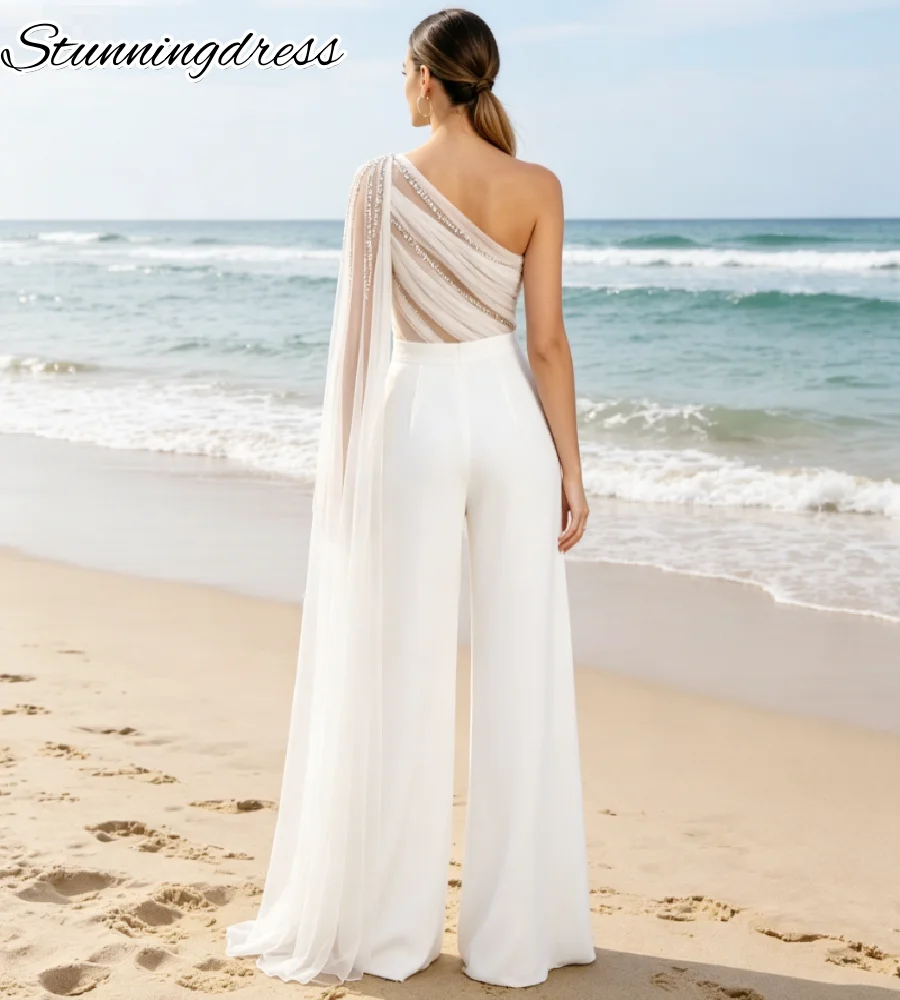 Boho Beach Jumpsuit Wedding Dress 2026 One Shoulder Cape Tulle Wide Leg Bridal Pants Suit Elopement Civil Beaded Bohemian Party
