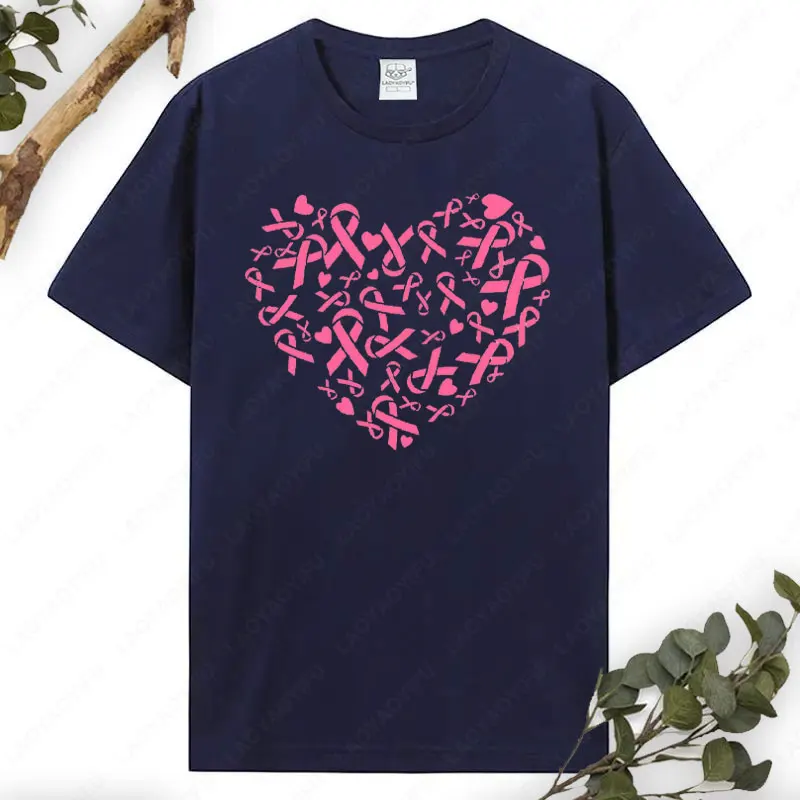 

Fashion Breast Cancer Awareness Pink Ribbon Heart October 2025 Womens T-Shirt Summer October Pink Ribbon Streetwear Cotton Tees