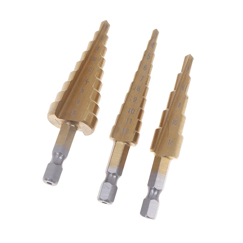 3-12 4 -12 4-20MM HSS Straight Fluted Pagoda Step Drill 3Pcs Cloth Bag Hex Shank Reamer Bit Set Titanium Coated Wood Metal Hole