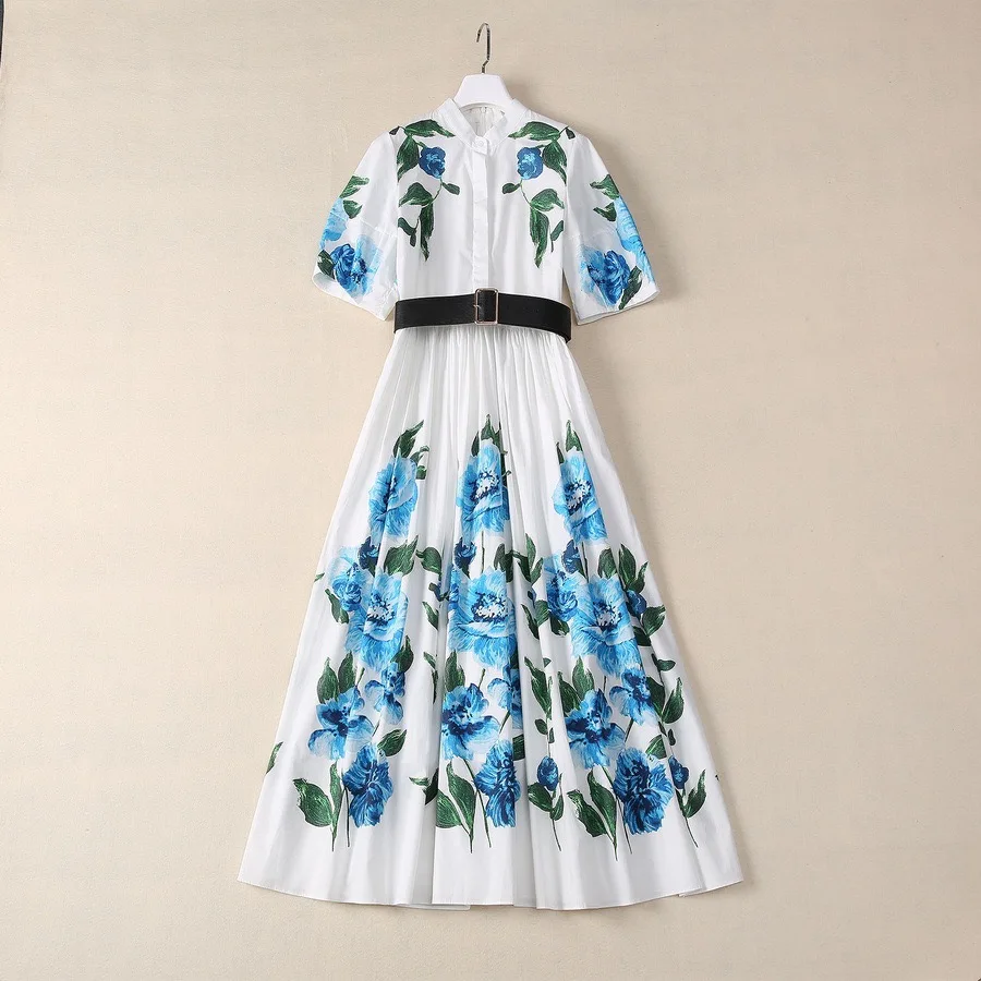 Summer Cotton Dress Women Stand Collar Short Sleeve Sashes Flower Print Office Lady Dresses Fashion Designer 2024 New