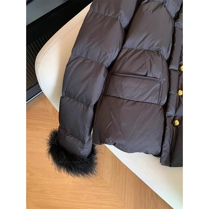 韓国ファッション黒ショートパーカー女性フェイクファーパッチワークパファージャケット冬ダウンコートレディース綿パッド入りアウターウェア