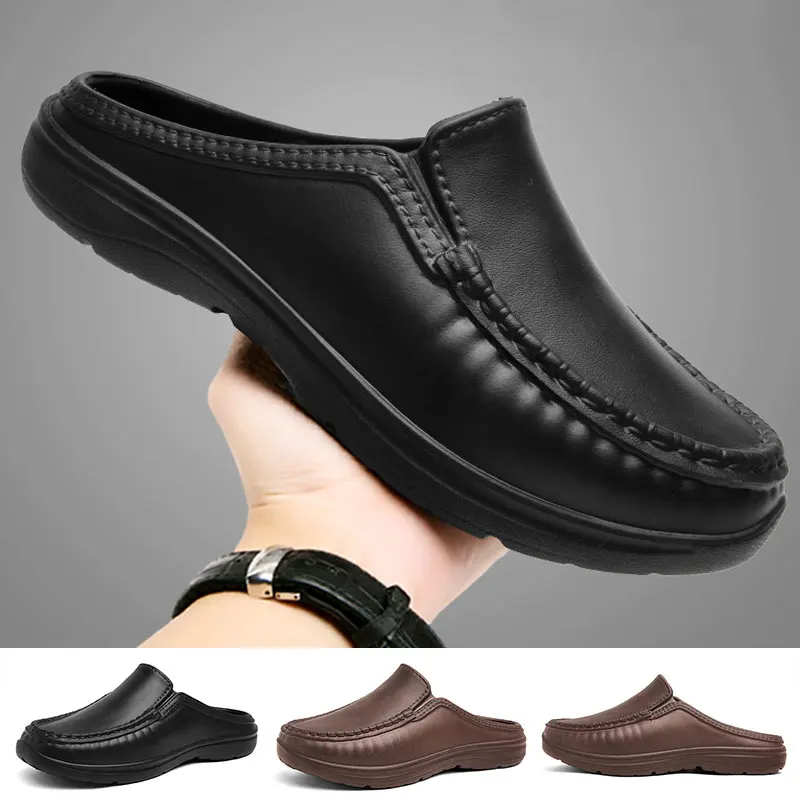 

Waterproof Chef Shoes Men Leather Casual Shoes Business dress shoes Oil Resistant Comfortable Slip on EVA Black Size 39-46