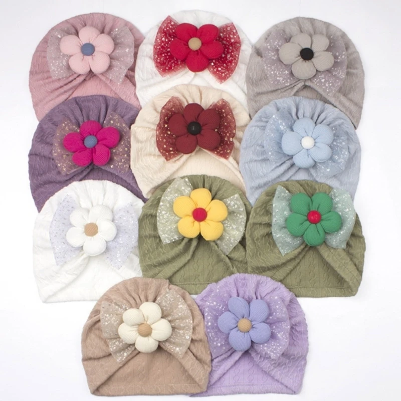 Baby Turban Hat Bowknot Flower Headwrap Newborns Caps Soft Bonnet Caps Hospital Hat for Baby 0-12 Month