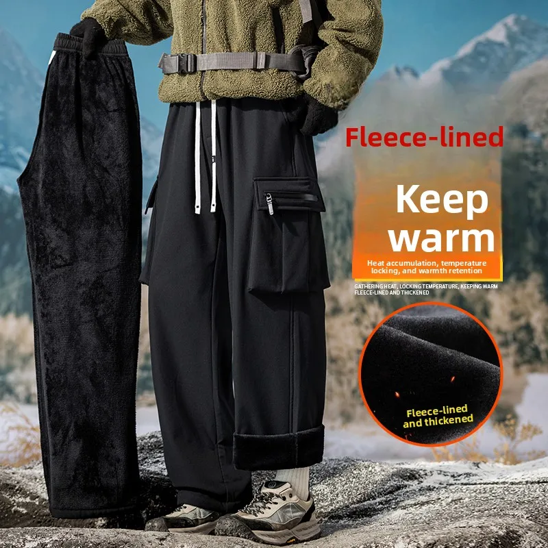 

2025 New Men's Fleece-Lined Thickened American Workwear Style Multi-Pocket Casual Pants Spring Autumn Straight Leg Loose Fit